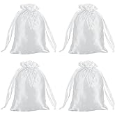 MECCANIXITY Satin Bags with Drawstring, 4x6 Inch Wedding Favor Bag Mini Gift Packaging Bag for Birthday Christmas Jewelry Party (White, Pack of 4)