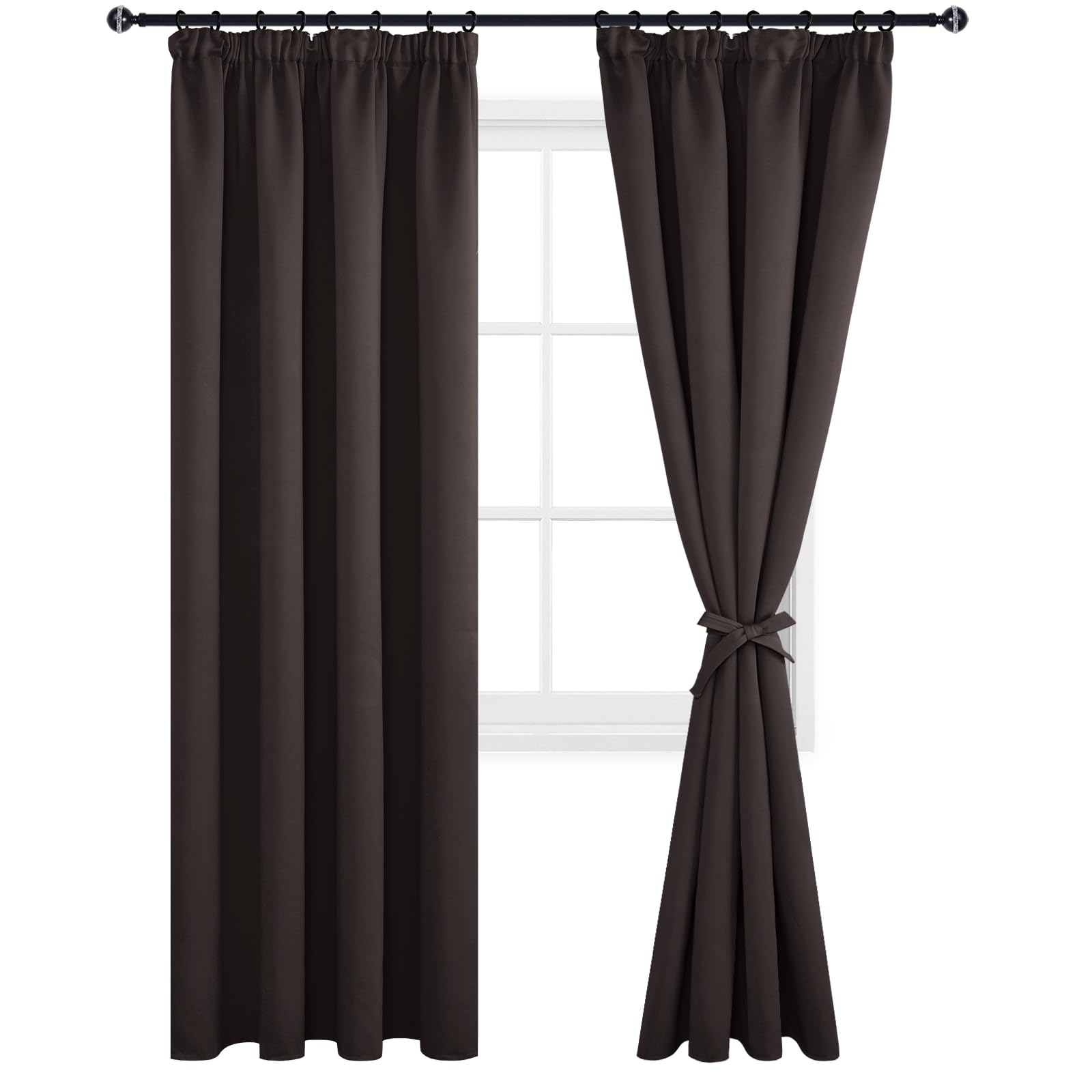 DWCN Blackout Curtains for Bedroom with Tiebacks Thermal Insulated Room Darkening Pencil Pleat Window Curtains for Living Room 55 x 96 inch Length, Brown, 2 Panels