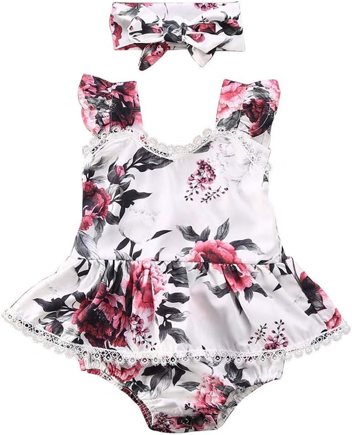 Newborn Baby Girl Romper Jumpsuit Bodysuit Tutu Lace Dress Summer Clothes Outfit with Headband 0-24M