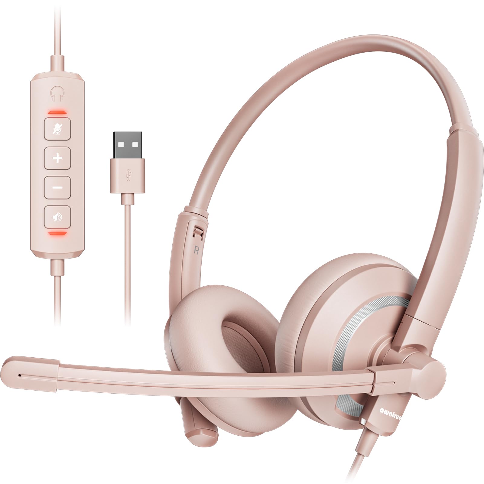 Photo 1 of awatrue Computer USB Headset with Microphone for PC Laptop - Wired Headphones with in-Line Control, Lightweight, Enhanced Sound & MIC Mute(Pink)
