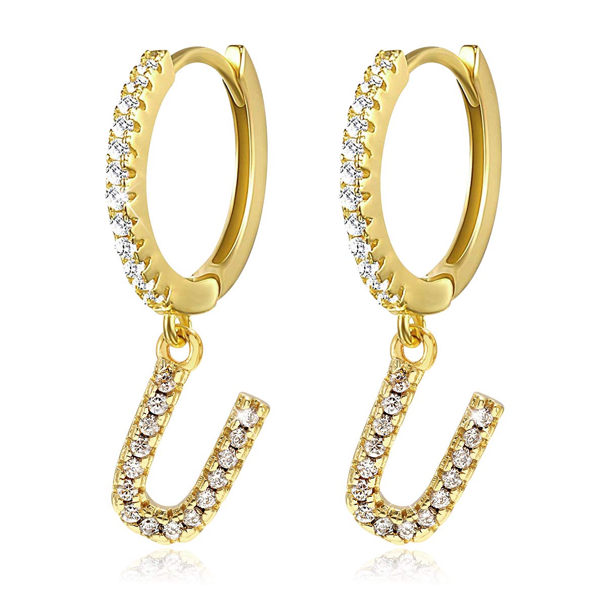 U Initial Dangle Hoop Huggie Earrings for Women 14K Gold Plated Cubic Zirconia Personalized 26 Letters Huggie Earrings Jewelry Gift for Her