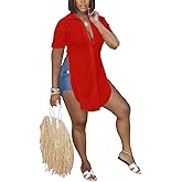 qfmqkpi Women Sexy V Neck Side Slit Collared Blouse Button Down Short Sleeve Long Shirts Tops