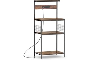 Sweetcrispy Kitchen Bakers Rack with Power Outlet, Coffee Bar Table 4 Tiers, Microwave Oven Stand Station, Adjustable Storage Shelf Freestanding Appliance Organizer - 24 Inch, Rustic Brown