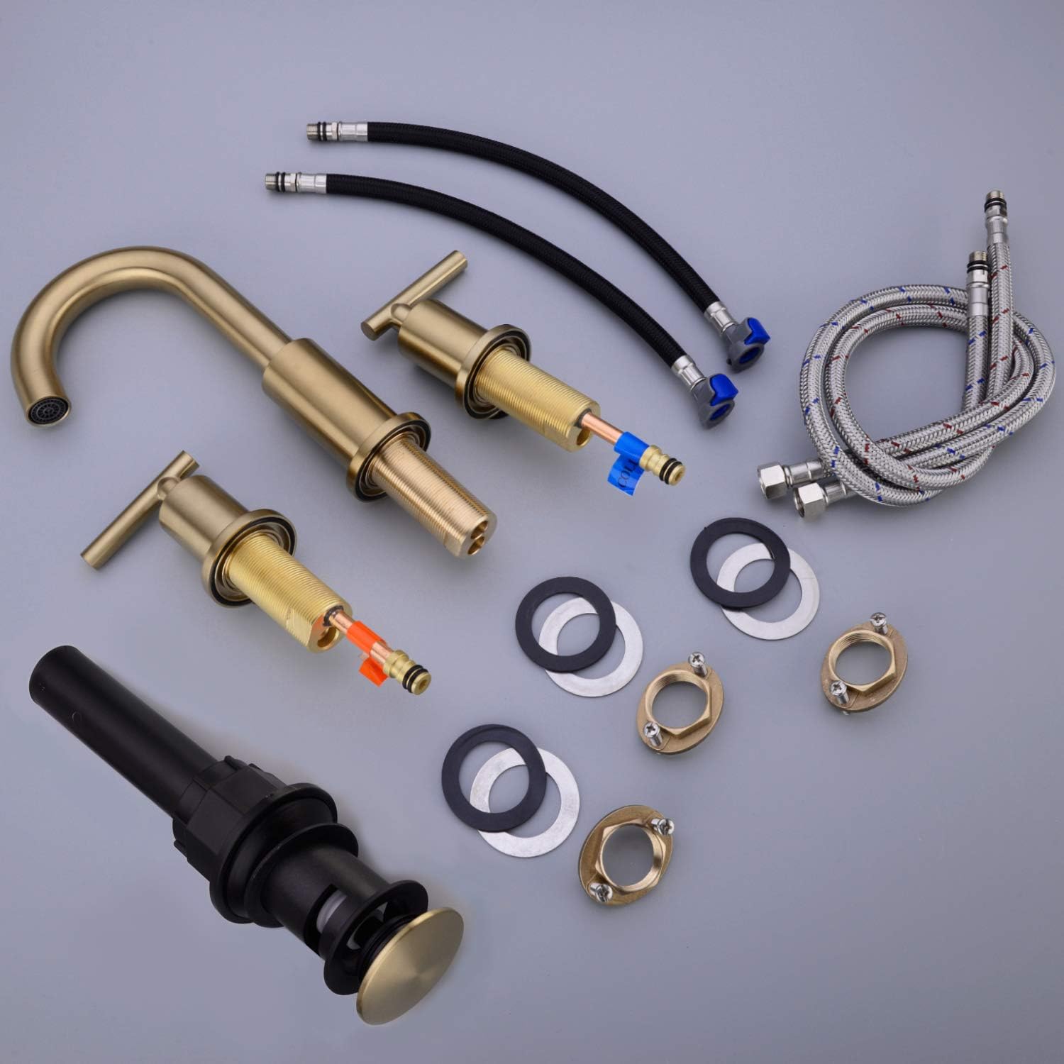 TRUSTMI 2 Handle 8 Inch Brass Bathroom Sink Faucet 3 Hole Widespread with Valve and cUPC Water Supply Hoses, with Overflow Pop Up Drain Assembly, Brushed Gold - - 