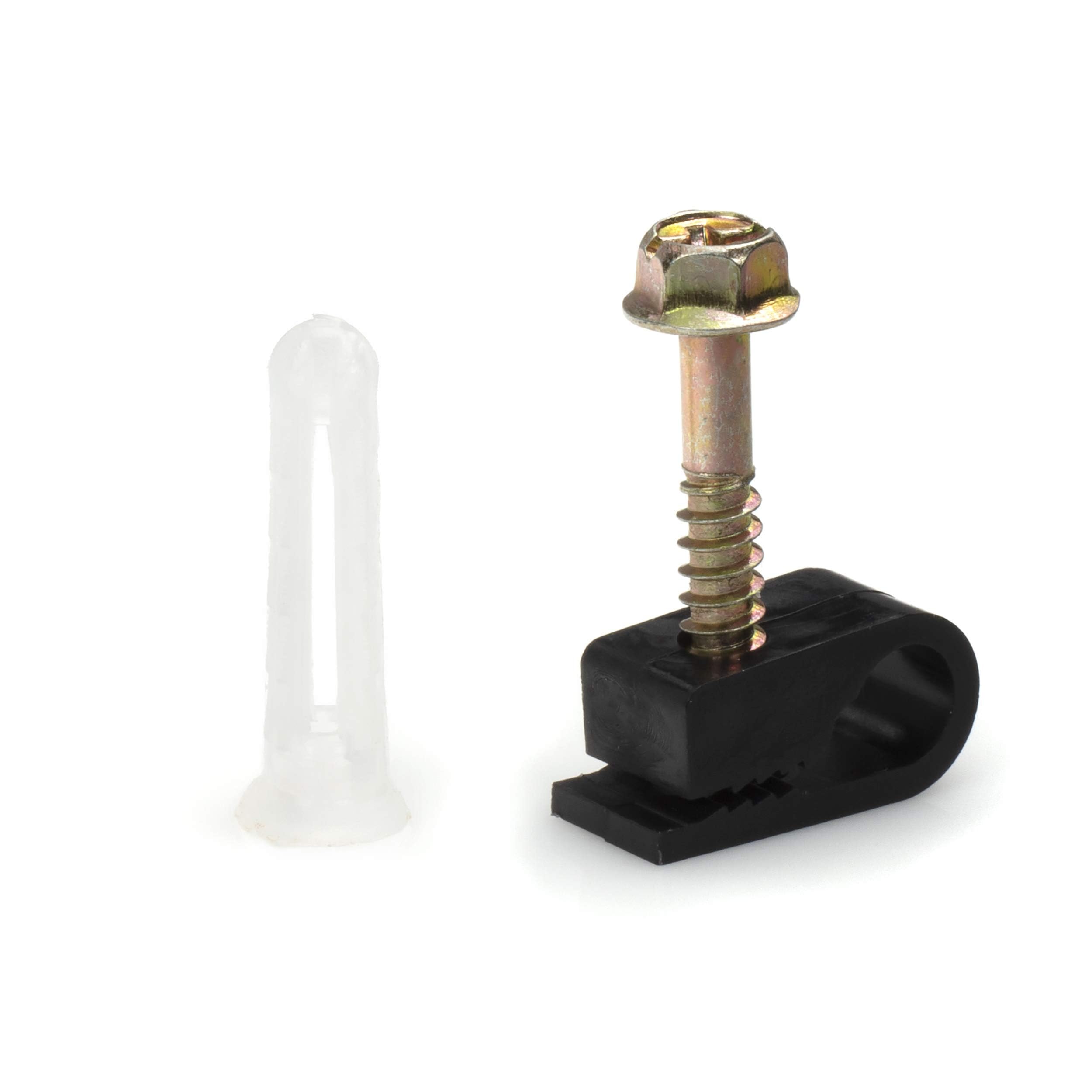 THE CIMPLE CO Ribbed Plastic Conical Anchors and Black Cable Screw Clips - for Concrete, Stucco, Brick, Drywall, and Similar - Kit of 100 Screw Clips, and 100 Anchors