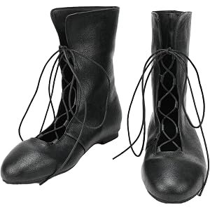Womens Medieval Renaissance Mid Calf Ankles Boot Front Lace Up Flat Shoes | Flat faux leather boot, lace-up design for renais