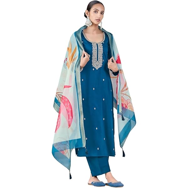 FIORRA Women's Teal Blue Crepe A-Line Kurta Pant With Dupatta