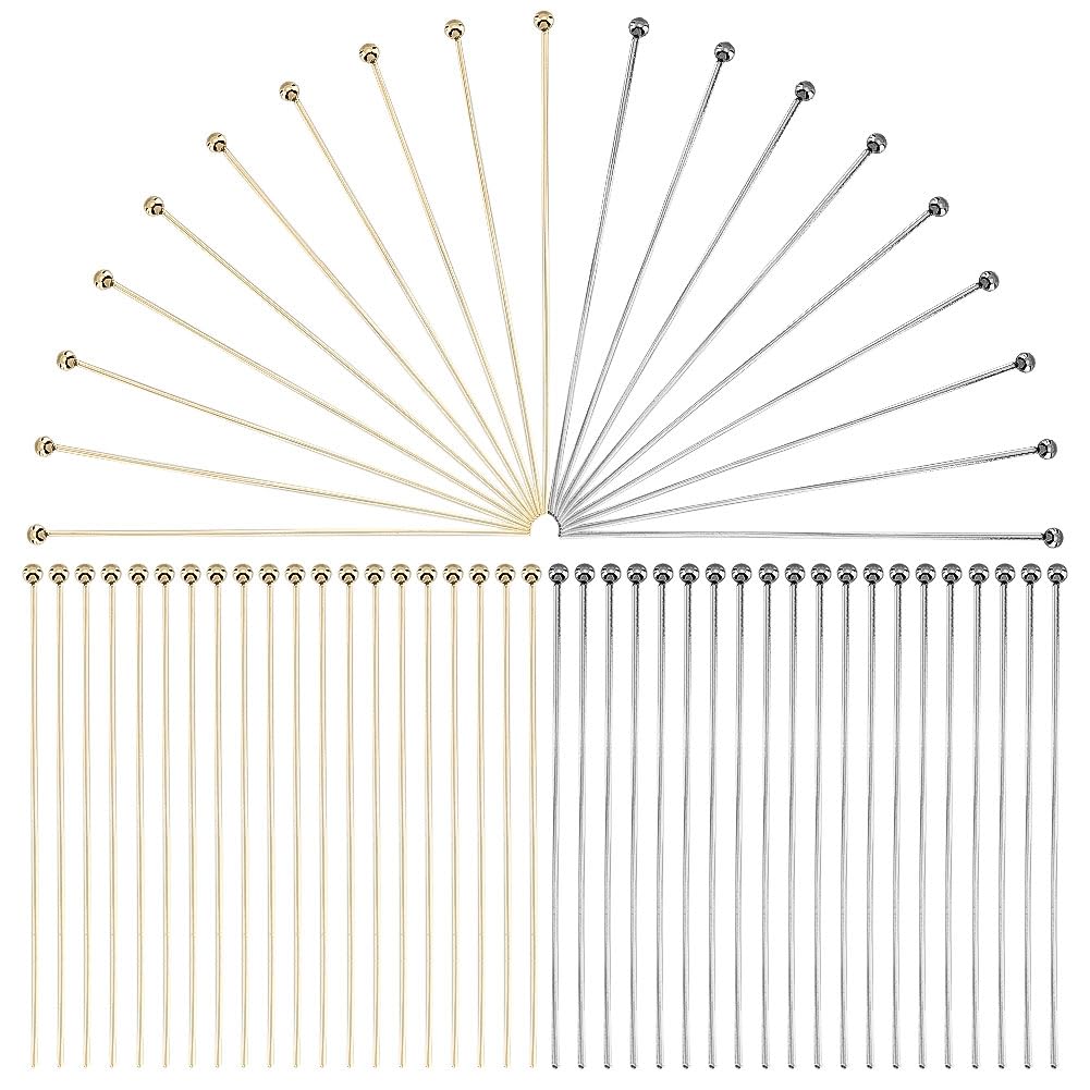 PH PandaHall 200pcs Jewelry Head Pins, 50mm 304 Stainless Steel Ball Head Pins Bendable Long Craft Head Pins for Earring Pendant Bracelet Necklace DIY Jewelry Crafts, Golden/Stainless Steel Color