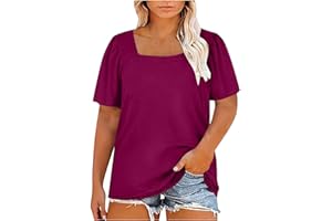 Plus Size Tunic Tops for Women Square Neck Casual Short Pleated Sleeve Oversized Comfort T Shirt Blouses