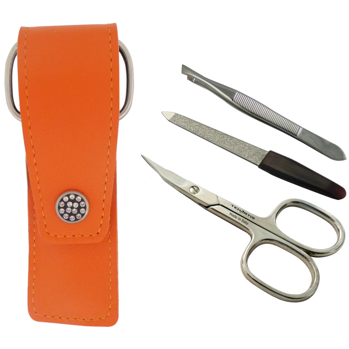 3-Piece Manicure Set with Nail Scissors, File & Tweezers in Orange Genuine Leather Pouch - Tenartis 313 Made in Italy