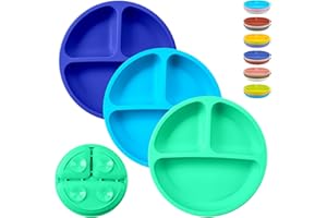 WOTOLIT Silicone Suction Plates for Toddler & Baby, Divided Design, Non-Slip Design, BPA Free, Microwave & Dishwasher Safe, 3 Pack Unbreakable Feeding Set (Aqua& Sky & Navy)