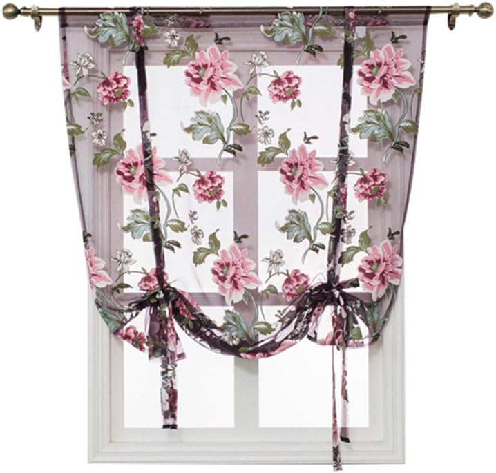 Kitchen Short Sheer Curtains Burnout Roman Blinds Sheer Panel Tulle Window Treatment Door Curtains Home Decor-Tie Up Sheer for Small Window (Purple, 31" W x 47" L)