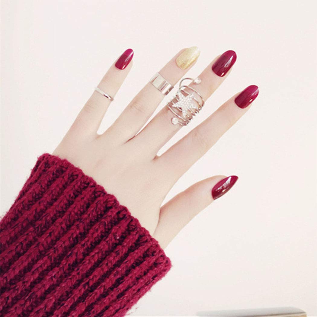 Yienate False Nails Red Round Head Gold Dust French Nails Fake Nails for Women and Girls 24Pcs (Red)