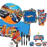 Hot Wheels Wild Racer Birthday Party Supplies Pack For 16 Guests With Plates, Napkins, Tablecover, Cutlery, Candles, and Pin