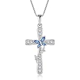 Women Butterfly Cross Necklace 925 Sterling Silver Crucifix Pendant Birthstones Jewelry Christmas Birthday Gift for Mom Wife Lover
