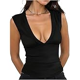 WDIRARA Women's Deep V Neck Tank Top Night Out Sleeveless Ruched Slim Fitted Tops