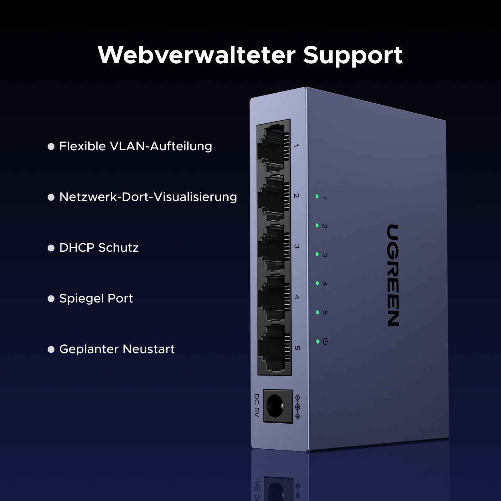 UGREEN 5 Port Gigabit Web Managed Switch Gigabit LAN Switch (Plug-and-Play, VLAN, QoS, Link-Aggregation, IGMP-Snooping, energieeffizient, Robustes Metallgehäuse) 3
