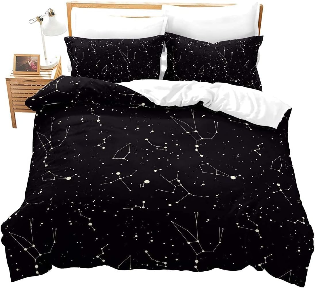 Loussiesd Galaxy Constellation Printed Bedding Set Single Universe Planets Decor Duvet Cover Outer Space Theme Comforter Cover Teens Kids Starry Sky Series Quilt Cover Soft Bed Cover Black White