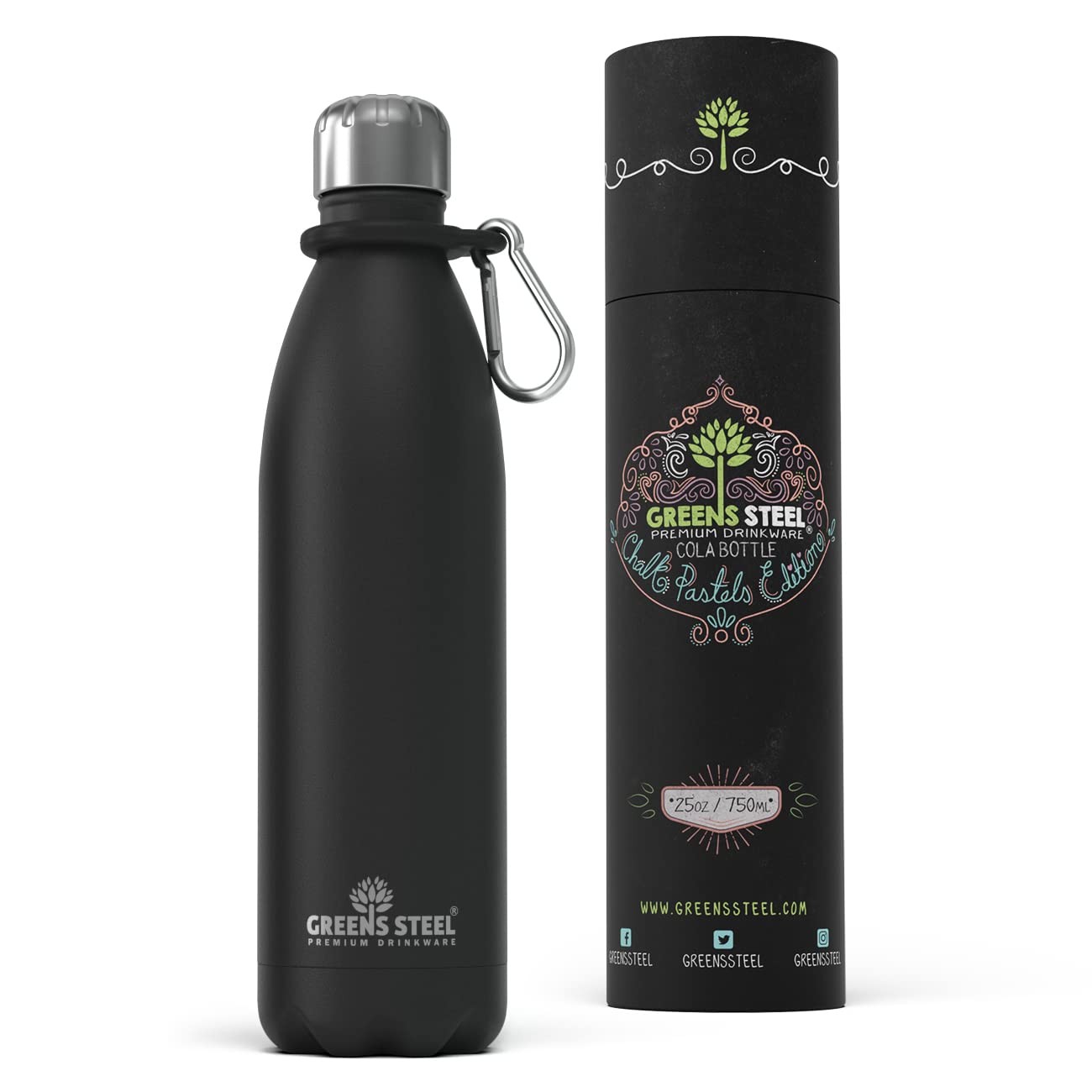 Greens Steel Stainless Steel Water Bottle - 750ml, Black | Double Wall Vacuum Insulated Flask | Carier Holder & Gift Box Included | Reusable, Leak Proof Sports Bottle for Adults & Kids
