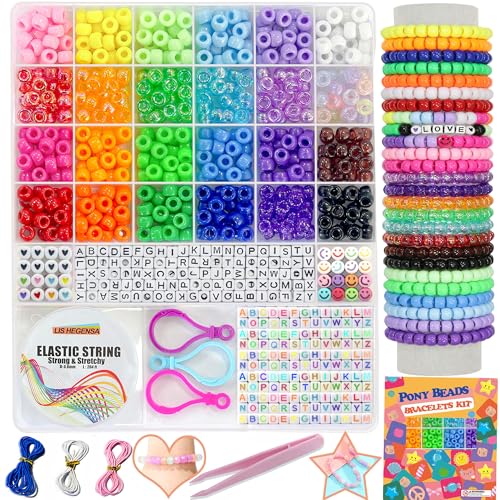 LIS HEGENSA Pony Bulk Plastic Kandi Beads for Necklace Jewelry, Bracelets Making, Hair Braiding, Crafts Braids Kits for Girls, 24 Color,1000 Pieces