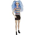 Barbie Fashionistas Doll with Long Blue Crimped Hair, Star Face Makeup, Multi-Color Striped Tee, Denim Skirt, Black Boots & Silvery Chain Belt, Toy for Kids 3 to 8 Years Old