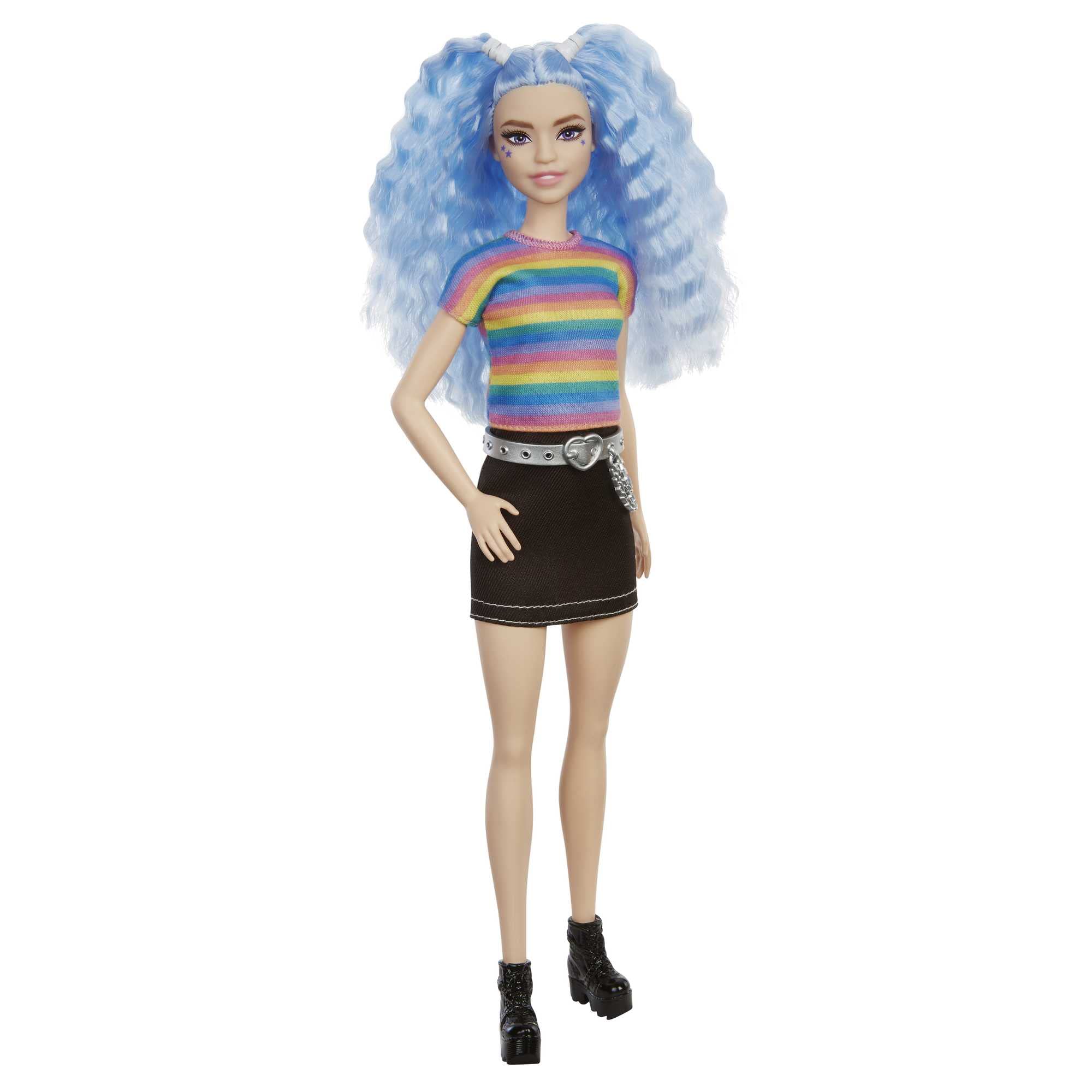 Barbie Fashionistas Doll #170 with Long Blue Crimped Hair, Star Face Makeup, Multi-colour Striped Tee, Denim Skirt, Black Boots & Silvery Chain Belt, Toy for Kids 3 to 8 Years Old, GRB61