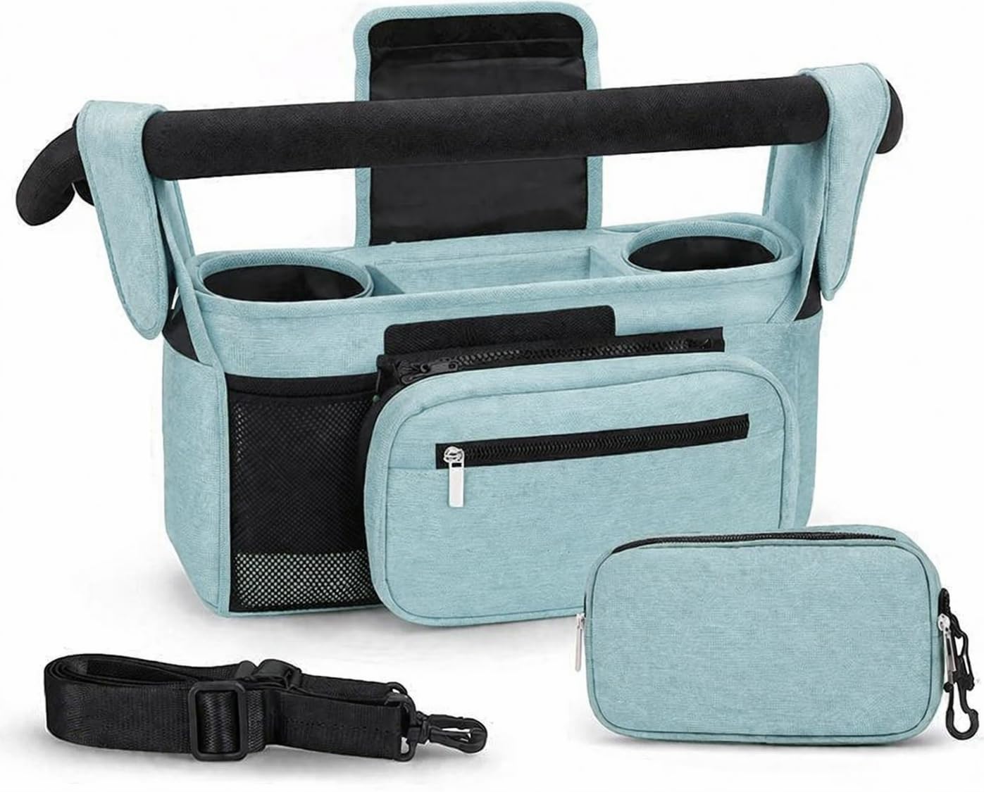 Universal Stroller Organizer with Insulated Cup Holder - Detachable Phone Bag & Shoulder Strap, Fits for Stroller Like Uppababy, Baby Jogger, Britax, BOB, Umbrella and Pet Stroller (Black) (Green)