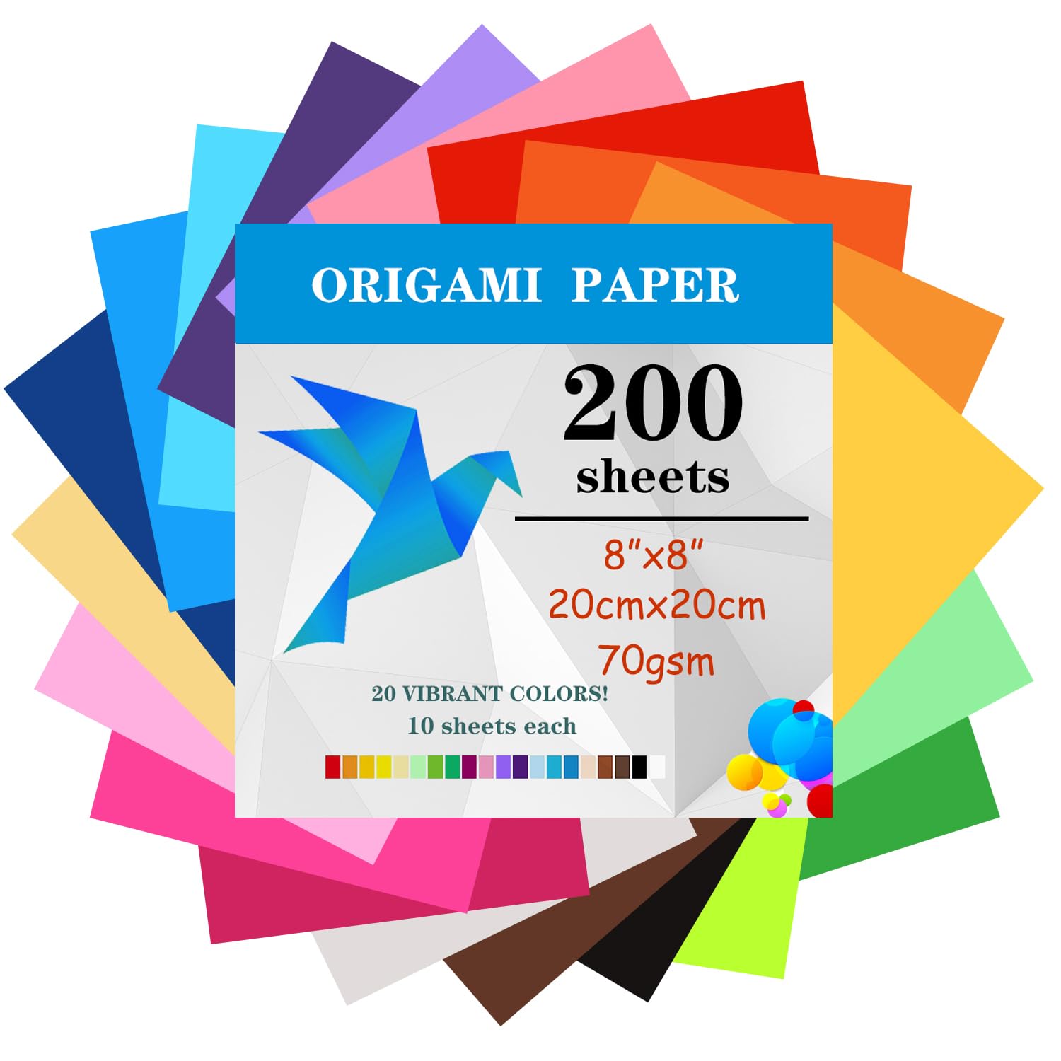 Photo 1 of 200 Sheets Origami Paper, 20x20 cm/8 Inch Origami Paper Double Sided(70gsm), 20 Colors Large Origami Paper Squares for Kids DIY School Arts Crafts Projects Children Adults