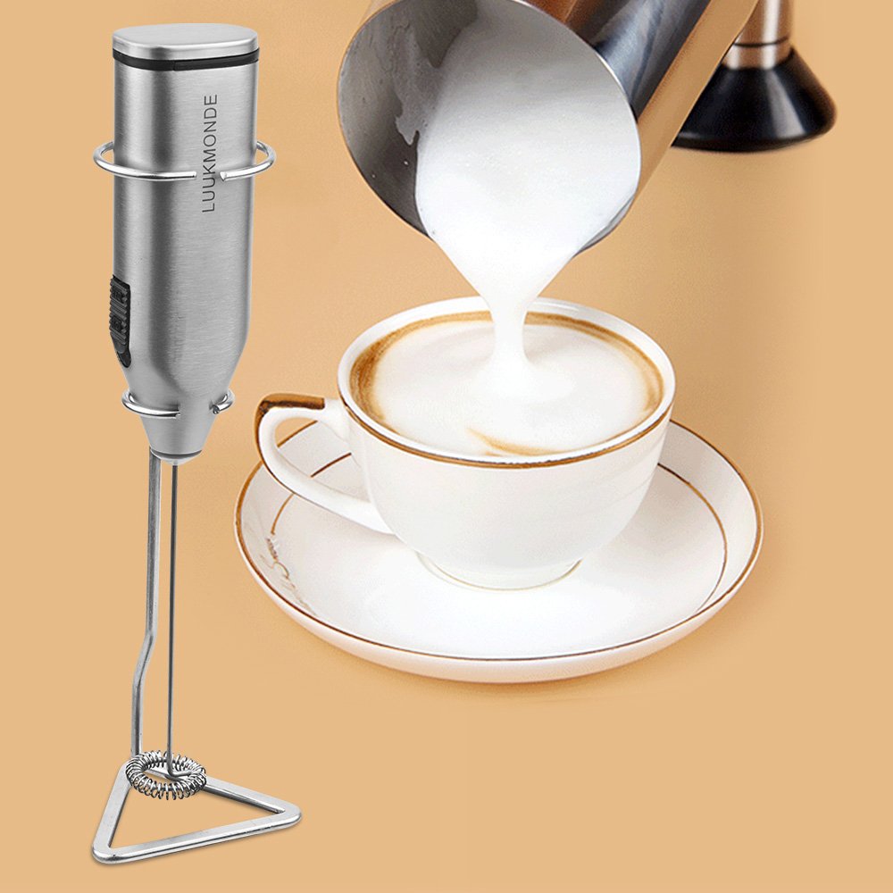 Luukmonde, 2 fruste in acciaio inox, a batteria, con supporto automatico per schiuma, ideale per latte macchiato, cappuccino, cioccolata calda (argento)