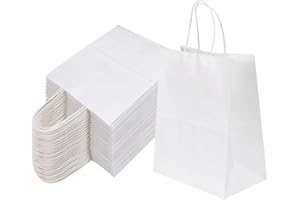 Joybe 100 Pack 8x4.75x10 Inch Medium White Kraft Paper Bags with Handles Bulk, Craft Paper Gift Bags for Party Favors Grocery Retail Shopping Business Goody Merchandise Take Out Blank Sacks (100pcs)