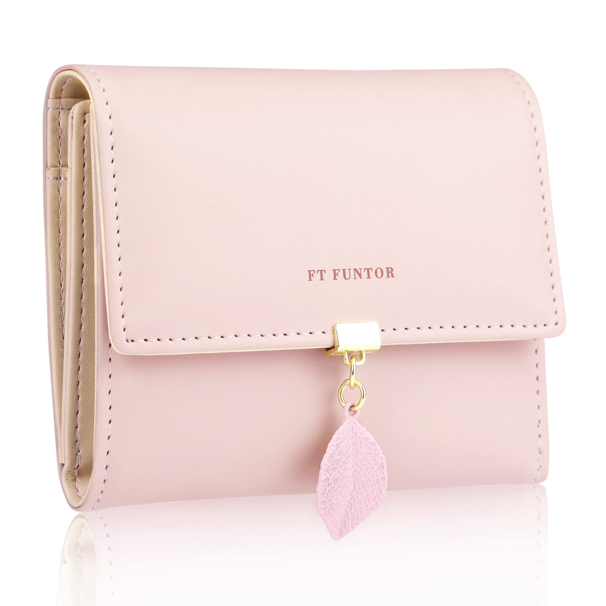 FT FUNTOR PU Leather Wallet for Women RFID-Blocking, Ladies Bifold Leaf Pendant Coin Zipper Small Purse with 5 Card Slots and 1 ID Window Card Holder Organizer (Pink)