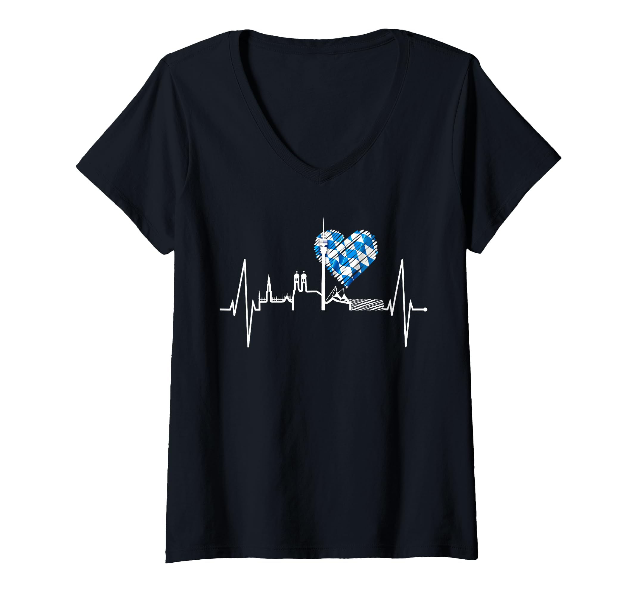 Womens Munich Skyline Heartbeat Germany I Love München V-Neck T-Shirt