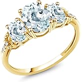 Gem Stone King 10K Yellow Gold Sky Blue Aquamarine and White Diamond 3-Stone Engagement Ring For Women | 2.24 Cttw | 3 Stone Wedding Anniversary Promise Ring For Women