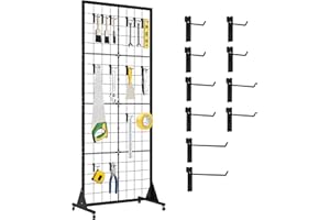 Mutualsign Grid Wall Panel Display Stand 2.1'x5.6' Ft, Movable Floorstanding Wire Grid Panel Rack with Wheels, Detachable Gridwall with Extra Hooks for Retail, Vendor Events & Craft Fairs