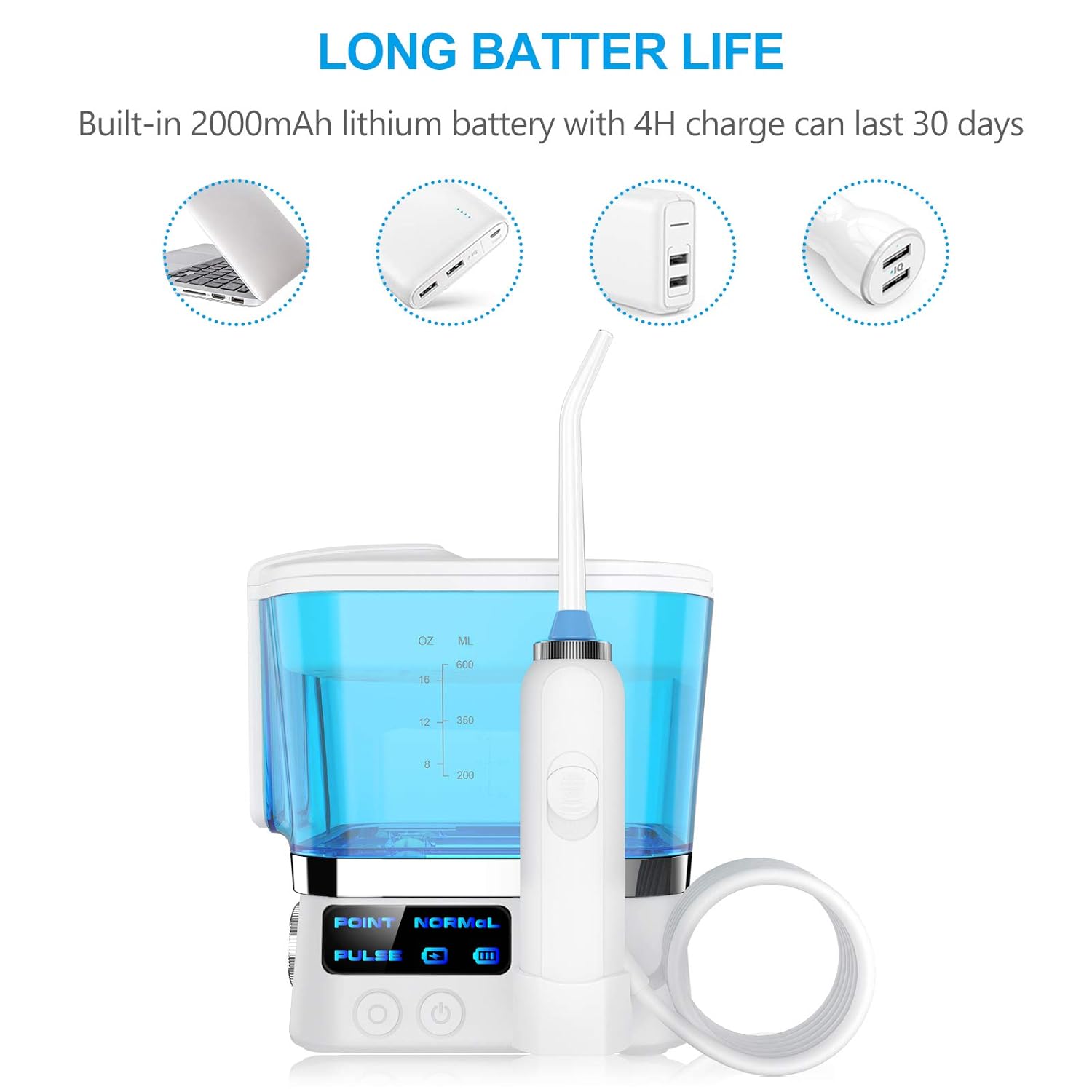 YOUNGDO Upgrade Oral Irrigator Teeth Cleaner Oral Irrigator with 4 Jet Tips, Dental Flosses - 600ML, IPX7 Waterproof, Stepless Adjustment, USB Rechargeable Dental Flossers for Teeth: Beauty