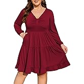 Manllenshie Women's Plus Size Casual Work Dress Long Sleeve V Neck Flowy with 2 Pockets Boho Tiered Ruffle Hem Dresses