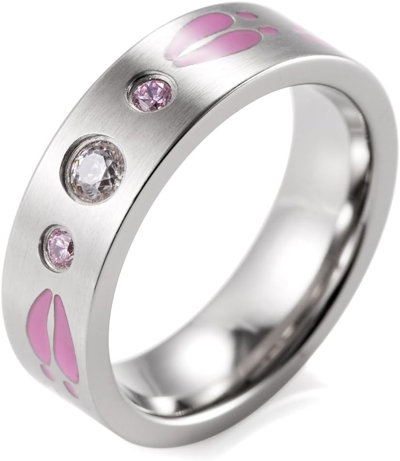 SHARDON Women's 6mm CZ Stones Inlay Titanium Outdoor Ring with Pink Engraved Deer Footprints