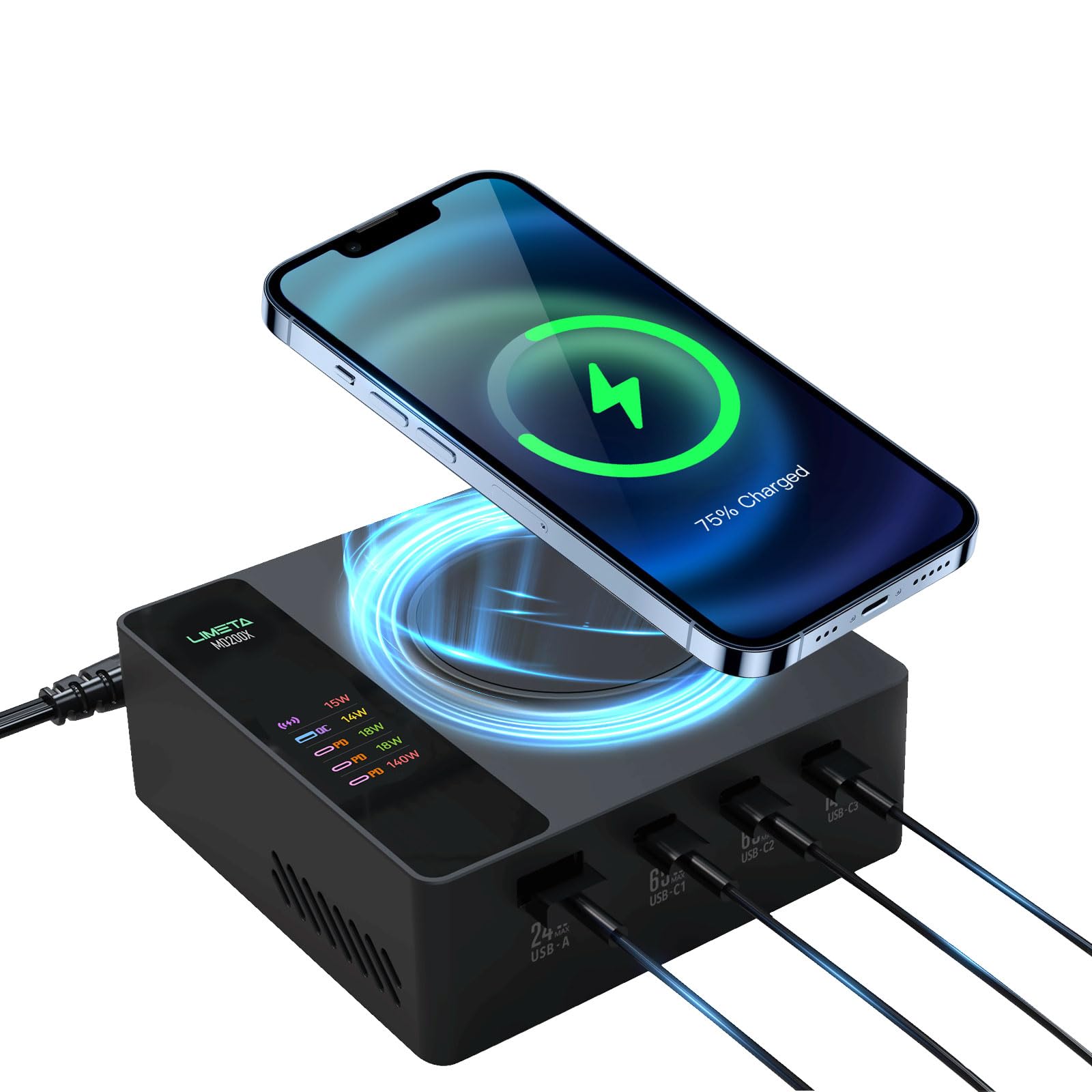 LIMETA MD200X 200W USB C Charging Station: 140W PD3.1 Fast Charger Block for iPhone 17/17 pro, 5-in-1 Desktop Fast Charger with MagSafe & LCD Display (100-240V)