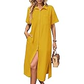 HOTOUCH Womens Dress Summer Casual Midi Short Sleeve Button Down Shirt Dresses Loose Beach Cover Up with Pockets