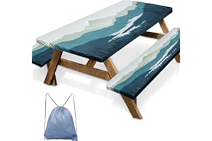 Britown Picnic Table Cover with Bench Covers Elastic Edges, Mountain Landscape Fitted Table Cover, Outdoor Patio Camping Essentials 96 Inch 3PCS, Waterproof Fitted Tablecloth with Drawstring Bag