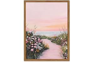 Framed Trendy Pastel Pink Coastal Wildflower Path Canvas Poster Print Modern Dreamy Aesthetic Sunset Ocean View Picture Wall 