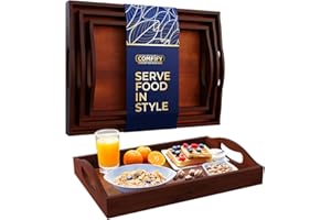 Bamboo Serving Trays with Handle – Set of 3 Wooden Trays That Nest – Large, Medium and Small Tray for Food, Ottoman Decor & M