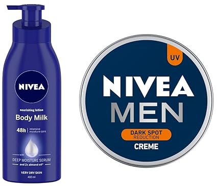 Nivea Nourishing Lotion Body Milk with Deep Moisture Serum and 2x Almond Oil for Very Dry Skin, 400m and NIVEA MEN Cream, Dark Spot Reduction, 150ml