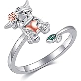 AXOMY Highland Cow Ring 925 Sterling Silver Adjustable Cute Cow Open Rings with Leaf Cow Jewelry Gift for Women