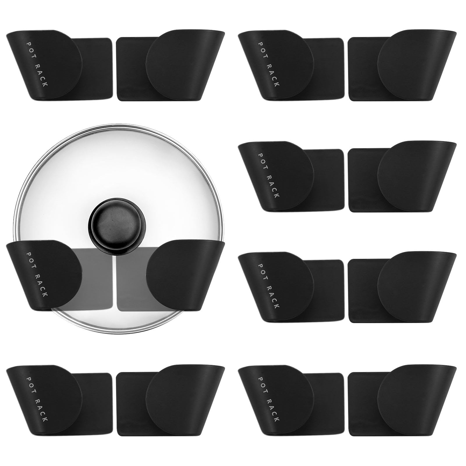 SZCXDKJ 10Pcs Pot Lid Racks Wall Mount Pan Lid Holder Punch-Free Pot Lid Storage Organizer Adjustable Hanging Pan Cover Organizer Plastic Cutting Board Storage for Home Kitchen (Black)