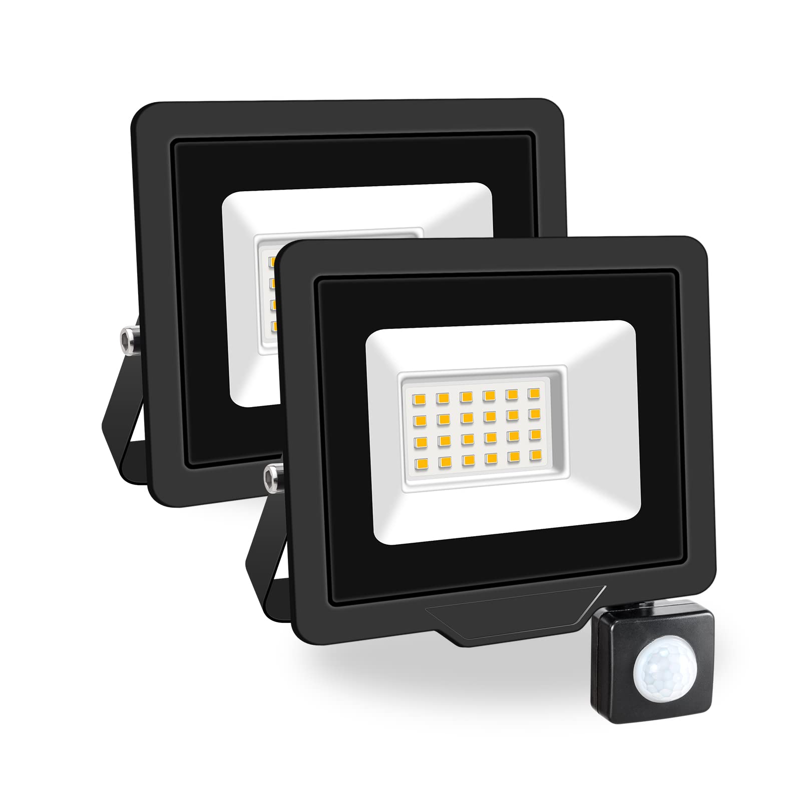 PICAA 2PCS 20W LED Flood Lights Outdoor, Super Bright Security Lights with Motion Sensor, Waterproof Floodlight, Warm White (3500K) Wall Light, for Garden, Yard, Garage, Patio,Warehouse, Parking Lot