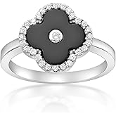 Lavari Jewelers Four Leaf Flower Ring for Women - Black Onyx Green Malachite or Mother of Pearl & Cubic Zirconia in 925 Sterling Silver - Hypoallergenic Gold Plated - Halo Clover Ring Size 5 to 8