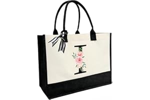 JOJHDR Initial Canvas Beach Tote Bag with Printed letter,Personalized Gifts for Women,Mom,Friends,Teachers and Bridesmaids