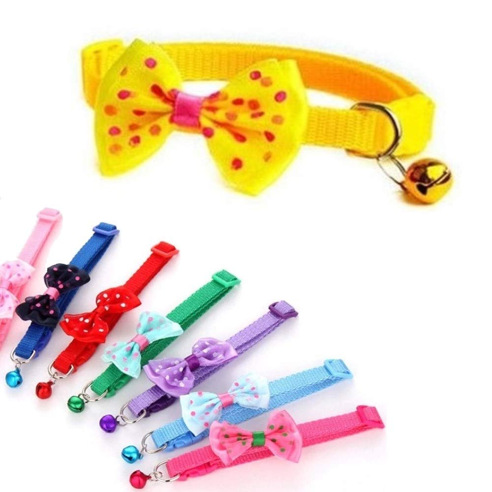 Small Dog Puppy Pet Collar Bow Tie Decoration with Bell Nylon Adjustable Size 19-32cm Yellow