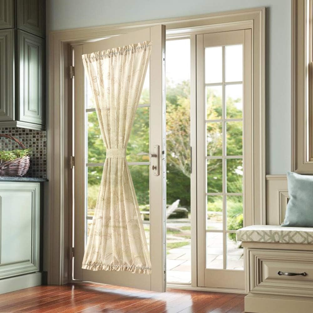 Topick Sheer Door Curtain with Leaf Embroidered Design for Glass Door French Door Panel Rod Pocket 1 Panel 72" L Beige